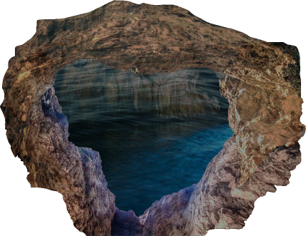 Photo collage of a cave pathway blocked by water.